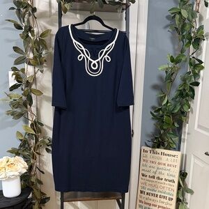 Talbots 100% Cotton Navy Blue Shift Dress with White Embroidered Neckline